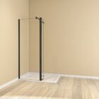 Walk In Wetroom Full Set Recess Fit Black 2 Black recess-fit walk-in wet room enclosure with flipper return panel, clear glass, black wall profile and support bar on a white shower tray.