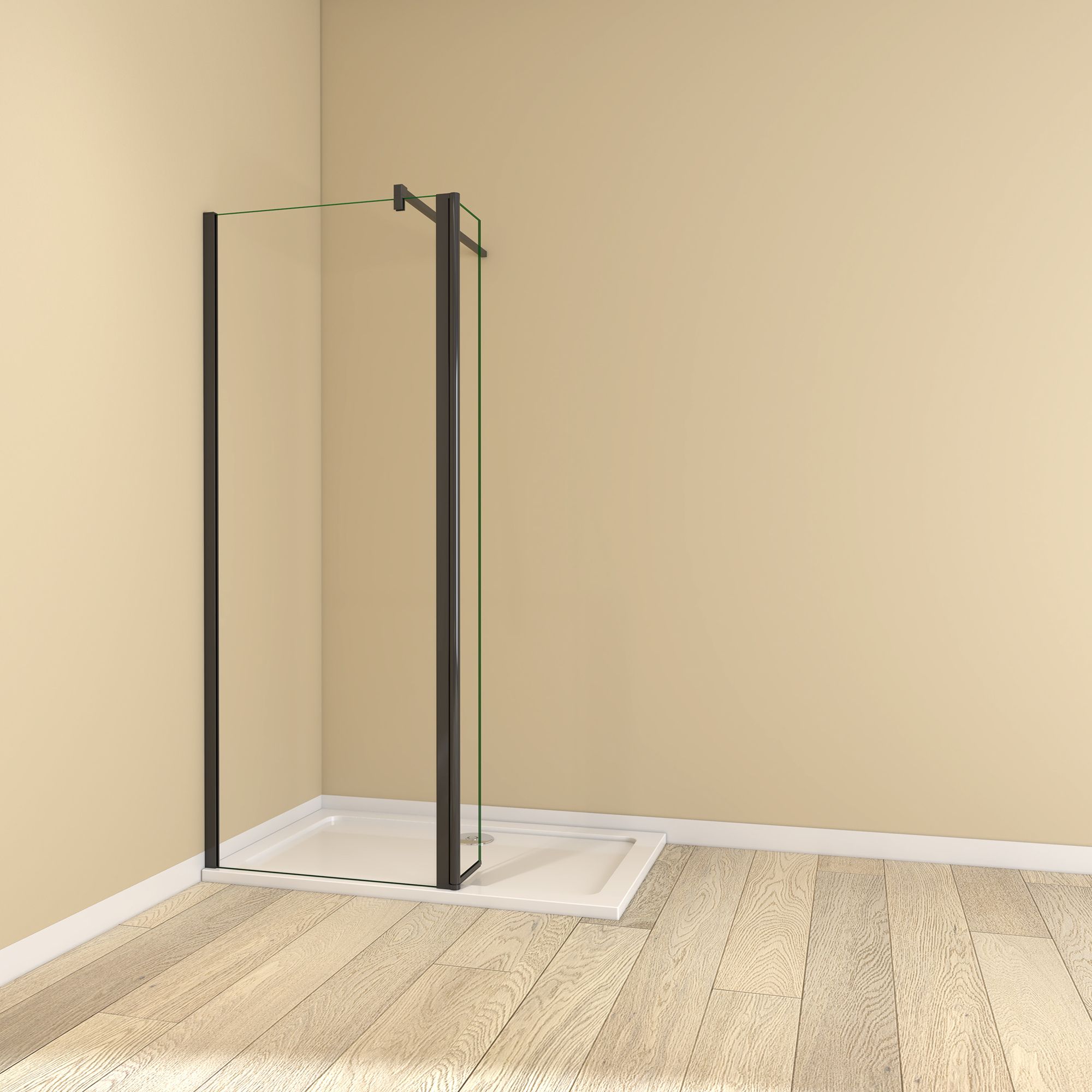 Black recess-fit walk-in wet room enclosure with flipper return panel, clear glass, black wall profile and support bar on a white shower tray.