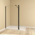 Walk In Wetroom Full Set Recess Fit Black 1 Black recess-fit walk-in wet room enclosure with flipper return panel, clear glass, black wall profile and support bar on a white shower tray.