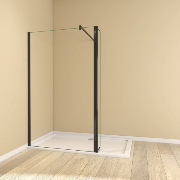 Quality Bath Screens, Enclosures & Radiators by MLH Products 21 Black recess-fit walk-in wet room enclosure with flipper return panel, clear glass, black wall profile and support bar on a white shower tray.