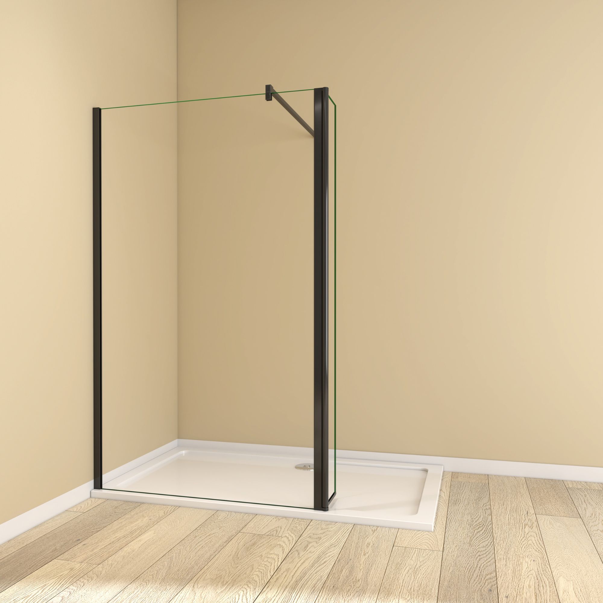 Walk In Wetroom Full Set Recess Fit Black 332 Black recess-fit walk-in wet room enclosure with flipper return panel, clear glass, black wall profile and support bar on a white shower tray.